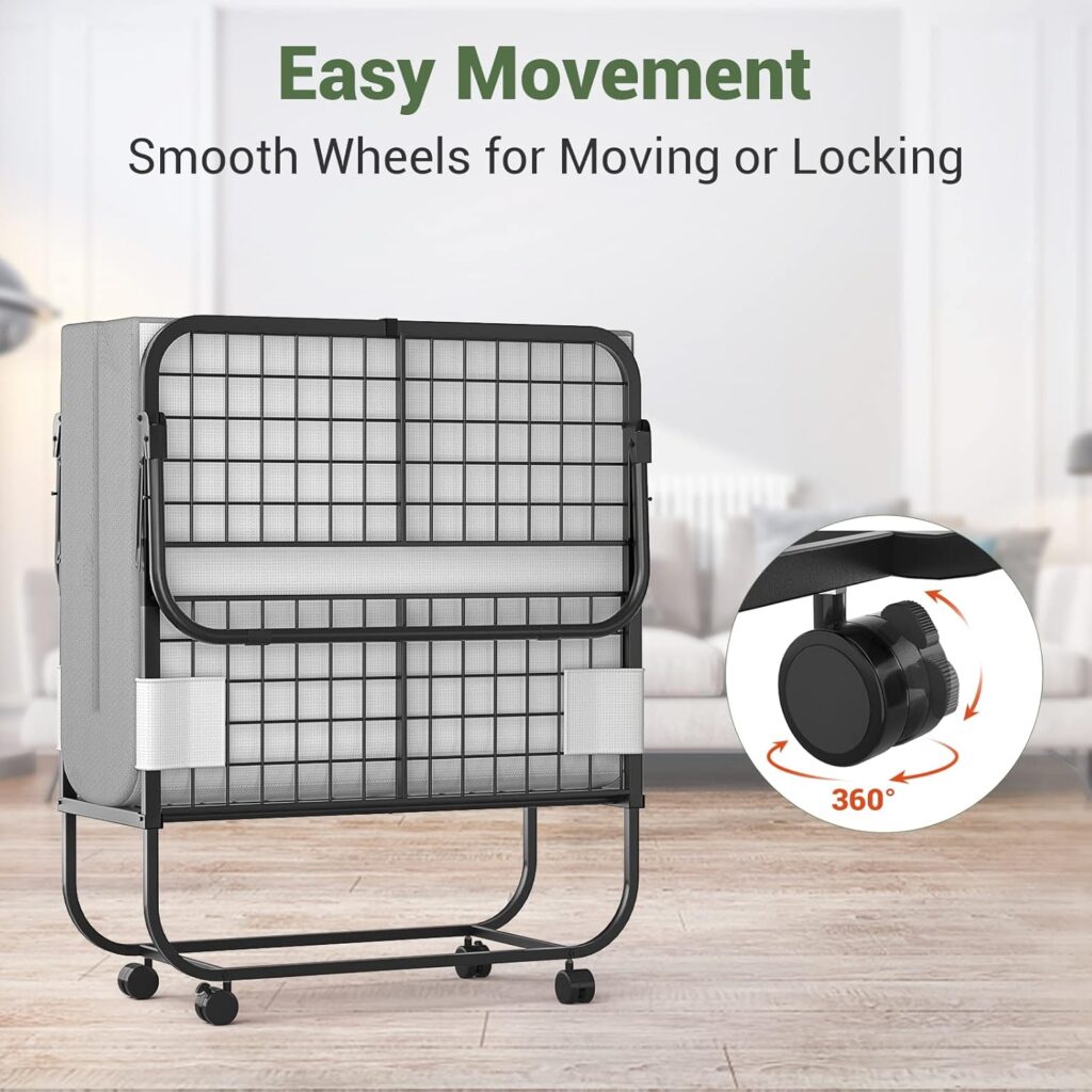 Unikito Folding Bed with Mattress for Adults, 75 x 31 Cot Size Portable Rollaway Guest Bed with Memory Foam Mattress and Metal Frame on Wheels, Space-Saving Folded Design, Storage Cover Included