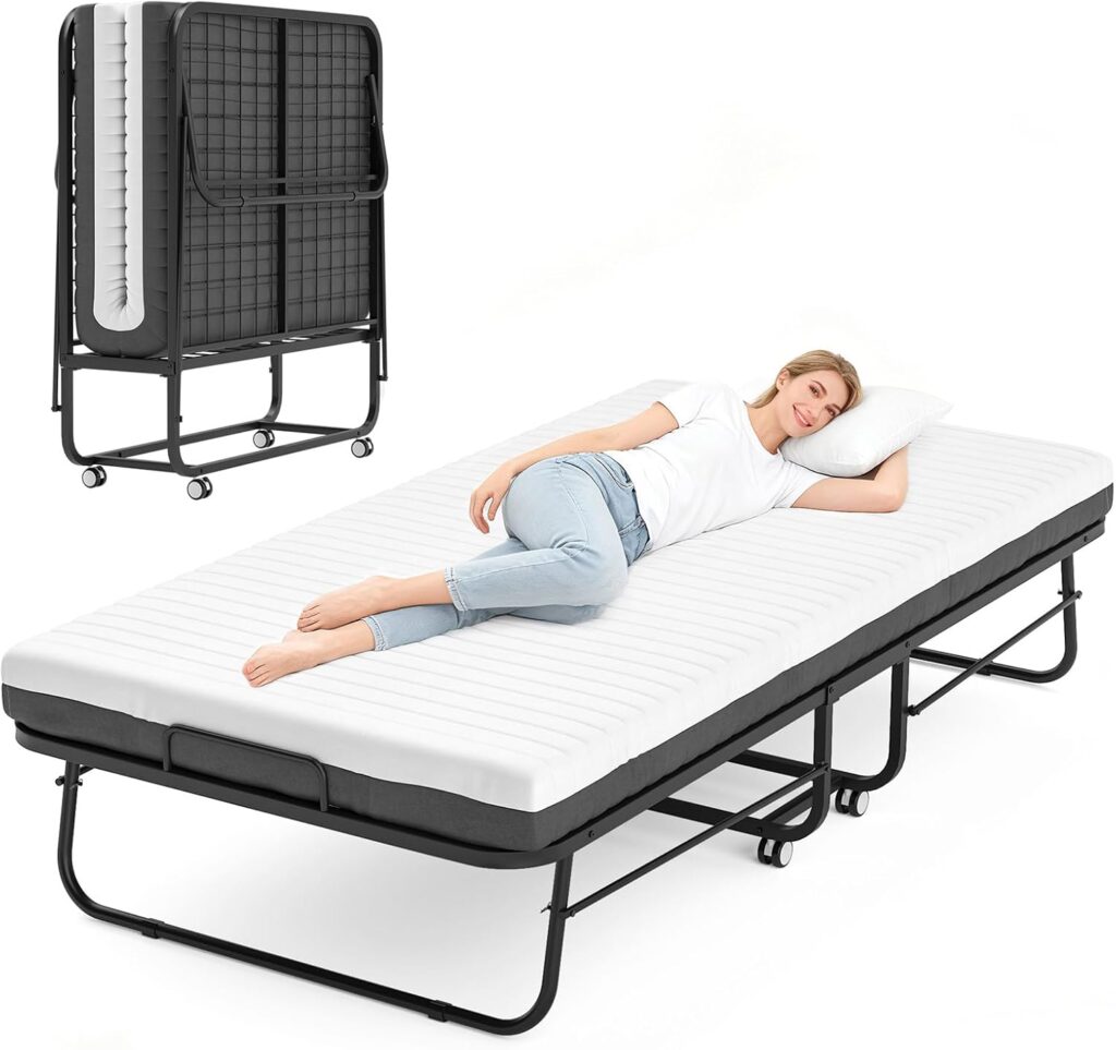 Folding Bed with Memory Foam, 75x46 Foldable Rollaway Guest Bed for Adults, Large Fold Up Beds for Space Saving, Easy Storage