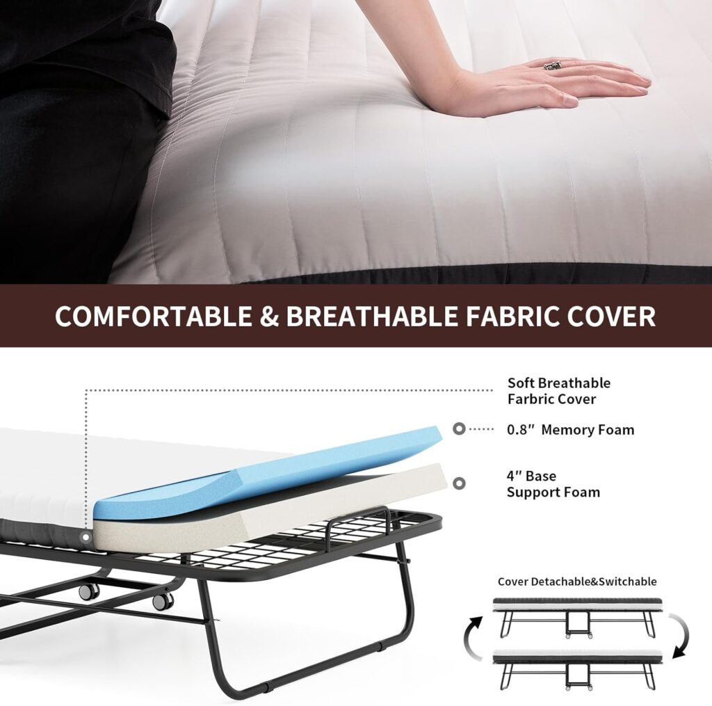 Folding Bed with Memory Foam, 75x46 Foldable Rollaway Guest Bed for Adults, Large Fold Up Beds for Space Saving, Easy Storage
