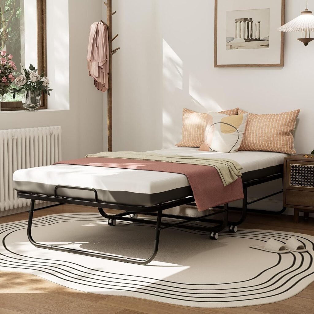 Folding Bed with Memory Foam, 75x46 Foldable Rollaway Guest Bed for Adults, Large Fold Up Beds for Space Saving, Easy Storage